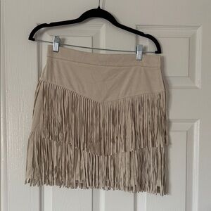Alya Beige Tiered Fringe Mini Skirt